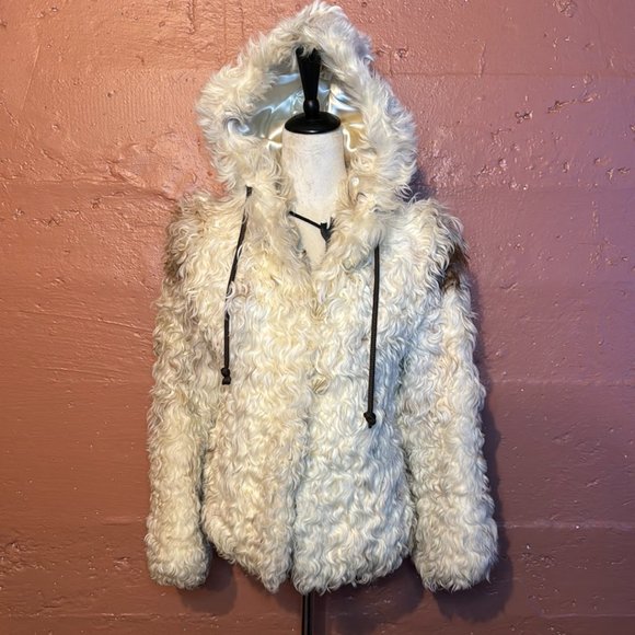 Beige & Dark Brown Curly Lambswool Hooded Cropped Fur Jacket - Picture 1 of 4